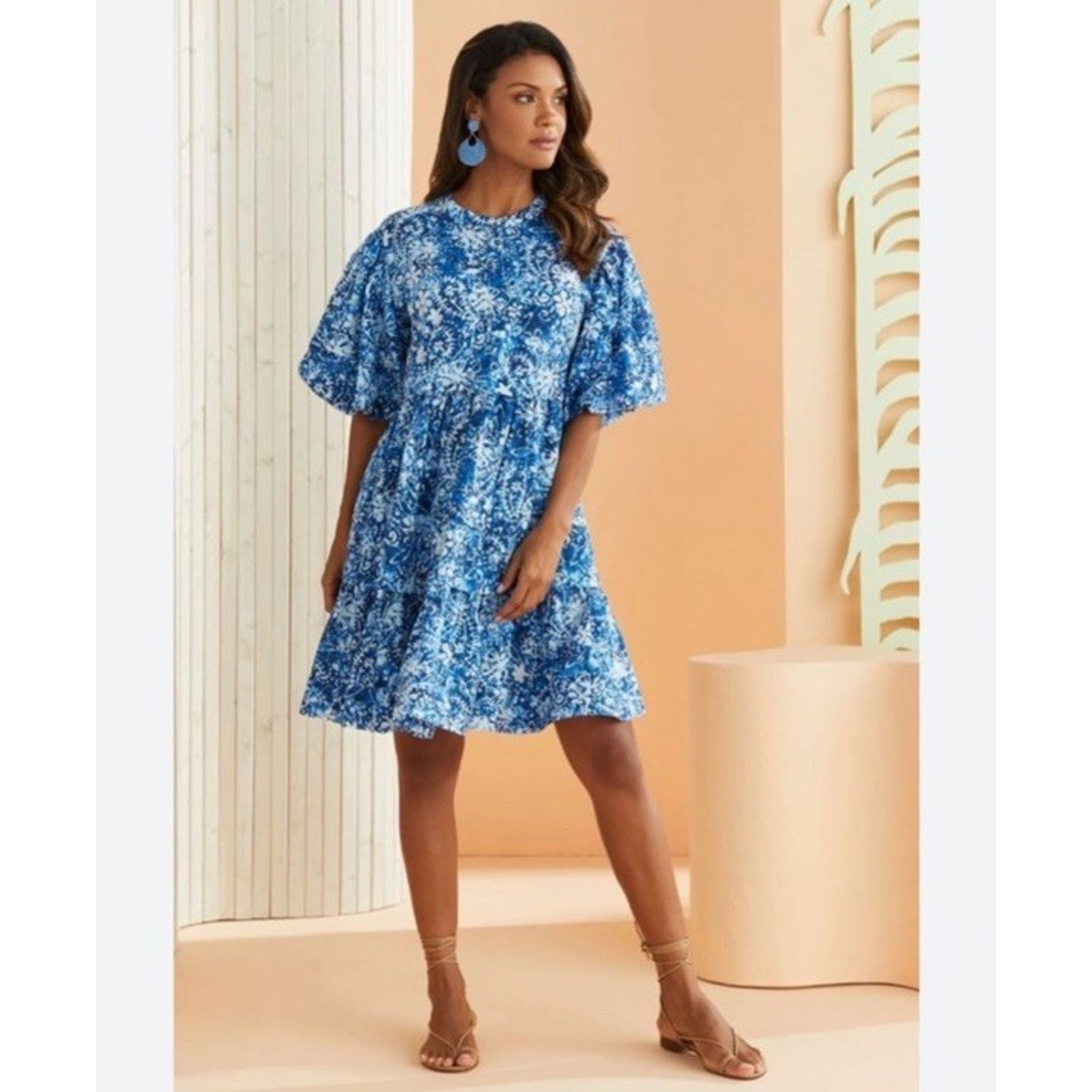 Marie Oliver Women’s Florence Mini Dress Puff Sleeves Blue Floral Size Xl